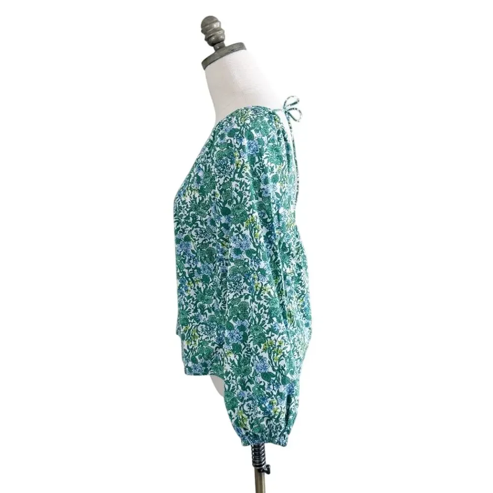 J. Crew Green and Blue Floral Print Blouse Women's Size 6 Low Back Bubble Sleeve